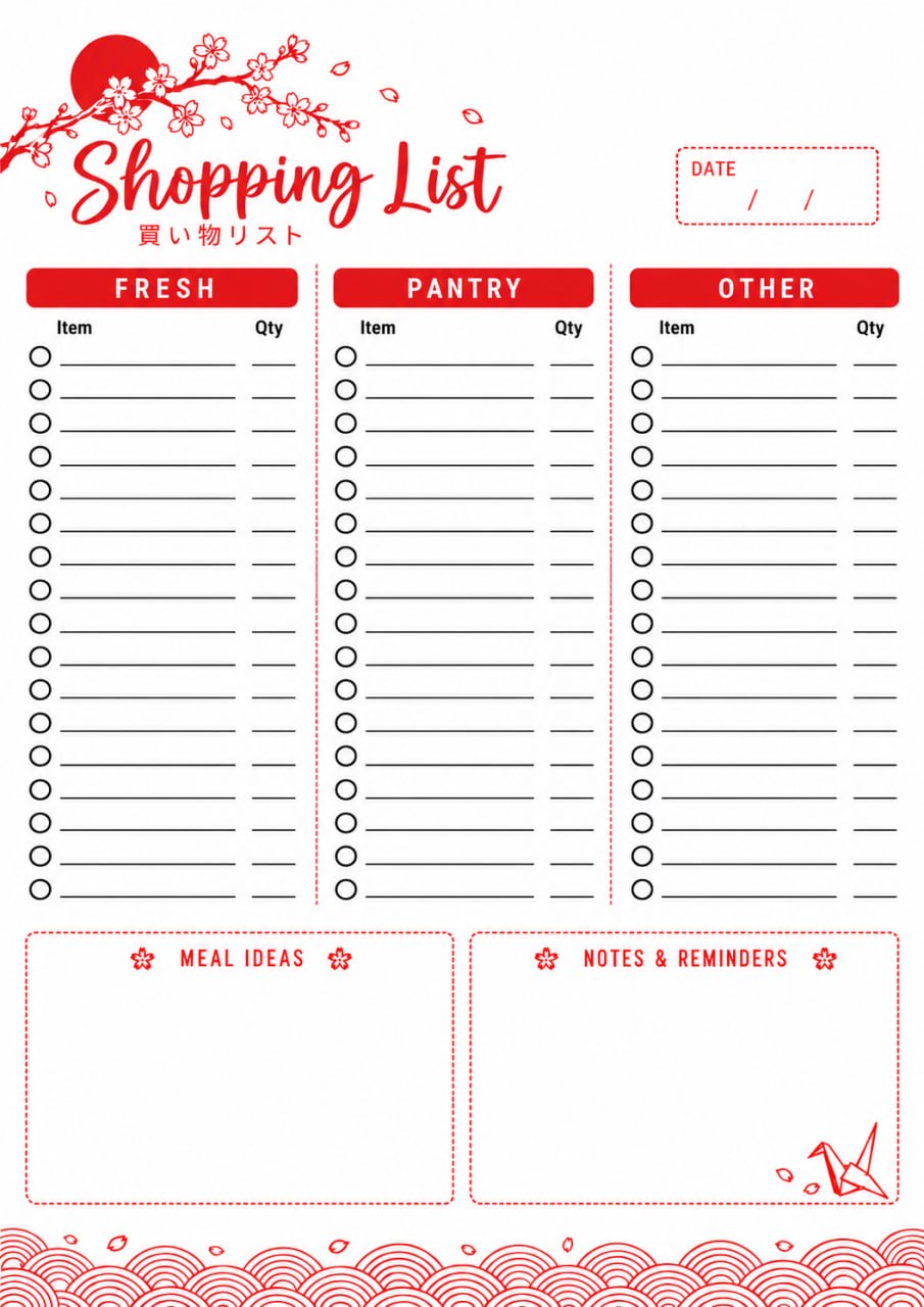 The printable Japanese pantry shopping list
